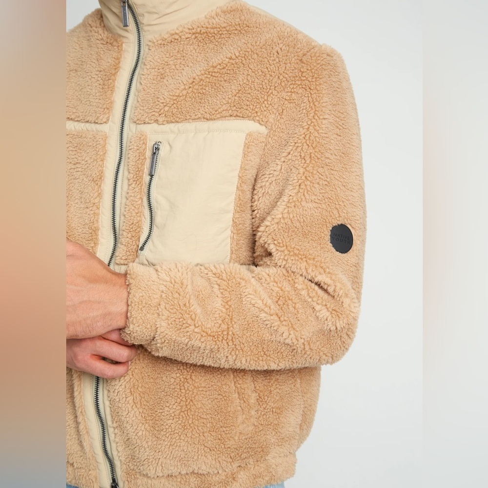 Native Youth Sherpa Fleece Jacket Tan Teddy Zip Up Coat Men’s Large - Picture 2 of 7